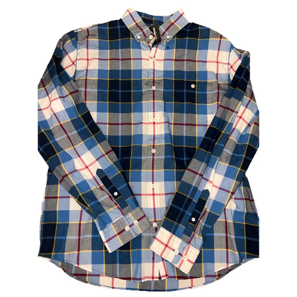 NEW‎ Express Men’s L Blue Plaid Button Down Shirt Long Sleeve Casual 100% Cotton